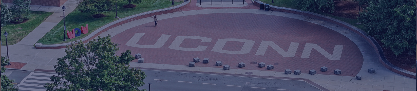 uconn spelled out in bricks near bus stop