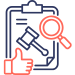 icon showing a clipboard, a judge's mallot, a magnifying glass and a thumbs up